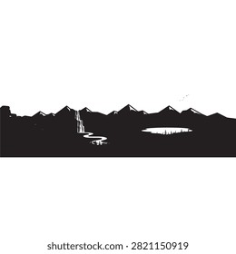 Black and white silhouette of a mountain range with a cascading waterfall and a calm lake on a white background