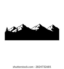 Black and white silhouette of a mountain range with snow-capped peaks, emphasizing natural landscape and rugged terrain.