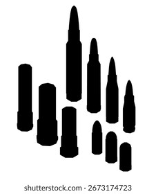 Silueta en blanco y negro de múltiples balas dispuestas en un llamativo patrón sobre un fondo blanco limpio. El diseño minimalista enfatiza la forma y el contraste, creando una declaración visual audaz.