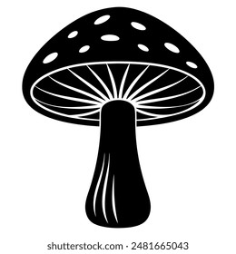 Black and white silhouette of a mushroom on a white background