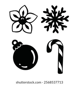 black and white silhouette new year set of simple elements toy, lollipop snowflake, hands vector