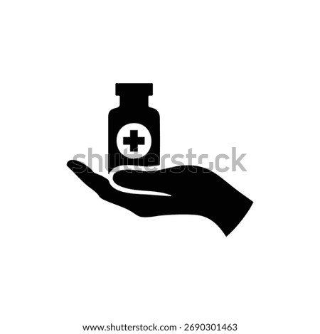 Black and white silhouette of an open hand offering a medicine bottle with a medical cross symbol, representing healthcare support, pharmacy service, and medical treatment assistance.