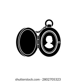 A black and white silhouette of an open oval locket. One side is empty, the other holds a profile portrait.