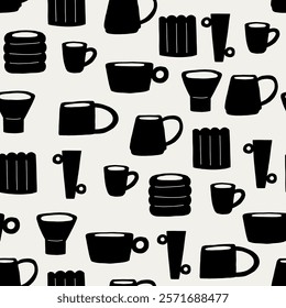 Black and White Silhouette Organic Pottery Ceramic Seamless Pattern. Various Handmade Decorative Vases Wallpaper. Vector Graphic Repeat Contemporary Background. Simple Surface Design for Print Art