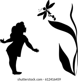 Black and white silhouette outline sketch in vector, little girl in dress stands and wonder, communion with nature, a sweet and cheerful child, my mother's happiness, cartoon character Dragonfly