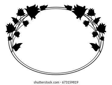 Black and white silhouette oval floral frame. Vector clip art