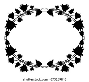 Black and white silhouette oval floral frame. Vector clip art