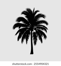 A black and white silhouette of a palm tree with a few fronds.