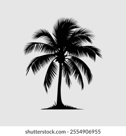 A black and white silhouette of a palm tree with a few fronds.