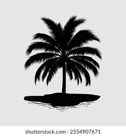 A black and white silhouette of a palm tree with a few fronds.