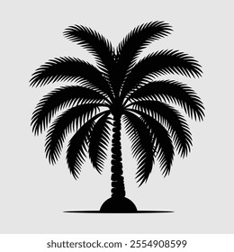 A black and white silhouette of a palm tree with a few fronds.