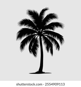 A black and white silhouette of a palm tree with a few fronds.