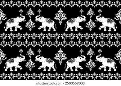 Black and white silhouette pattern featuring animals with floral and vintage design elements,elephants pattern,traditional ethnic, fabric pattern for textiles, rugs, wallpaper, clothing, sarong, batik