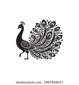 Black and white silhouette peacock vector illustration. Silhouette illustration of a peacock. vector logo, watermark, tattoo.