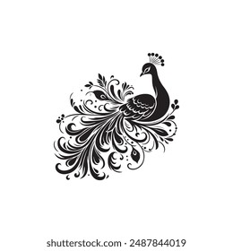 Black and white silhouette peacock vector illustration. Silhouette illustration of a peacock. vector logo, watermark, tattoo.