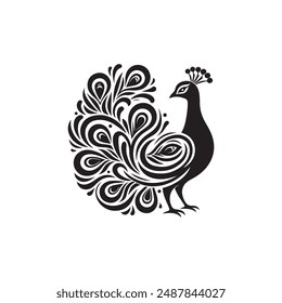 Black and white silhouette peacock vector illustration. Silhouette illustration of a peacock. vector logo, watermark, tattoo.