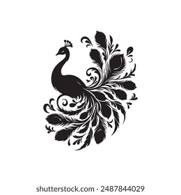 Black and white silhouette peacock vector illustration. Silhouette illustration of a peacock. vector logo, watermark, tattoo.