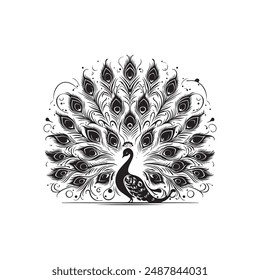 Black and white silhouette peacock vector illustration. Silhouette illustration of a peacock. vector logo, watermark, tattoo.