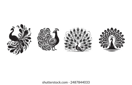 Black and white silhouette peacock vector illustration. Silhouette illustration of a peacock. vector logo, watermark, tattoo.