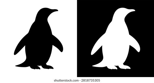 Black and white silhouette of a penguin standing upright on icy terrain, highlighting its distinctive shape and natural habitat.