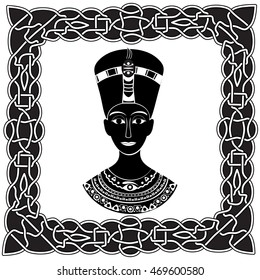 Black - white silhouette Pharaoh Nefertiti or Cleopatra headdress in a frame with a traditional pattern with knots and weaves African Muslims or Celts