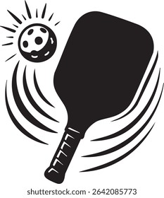 A black and white silhouette of a pickleball paddle and ball with motion lines and a sunburst effect.
