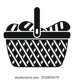 Black and white silhouette of a picnic basket full of food, ready for a camping trip