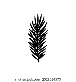 Black and white silhouette of a pine branch, isolated on a white background, perfect for nature-themed designs and patterns.