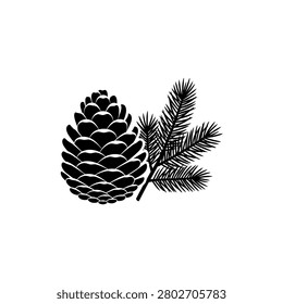 A black and white silhouette of a pine cone next to a sprig of evergreen needles.