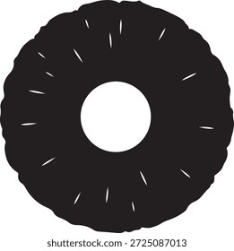 Una silueta en blanco y negro de una rodaja de piña, destacando su forma circular y bordes texturizados, con un núcleo central.