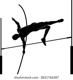 Black and white silhouette of a pole vaulter clearing the bar athlete sport