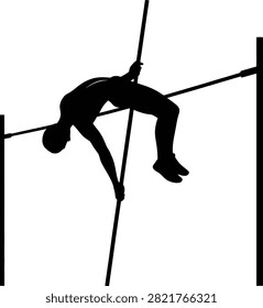 Black and white silhouette of a pole vaulter clearing the bar athlete sport jumping