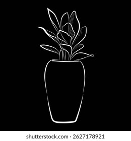 Black and White Silhouette of Potted Decorative Plant Vector Illustration