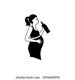 Black and white silhouette of pregnant woman drinking alcohol. Vector illustration.