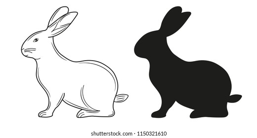 Black and white silhouette of a rabbit. Vector illustration.
