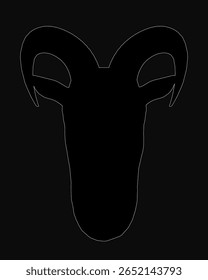 Black and white silhouette of a ram's head with detailed horns, standing out against a solid black background. The bold contrast highlights the animal's strong profile and curved horns.