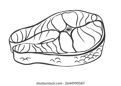 Black and white silhouette of a raw fish steak with scale and bone details; great for packaging, seafood menus, cooking blogs, icons, or culinary prints.