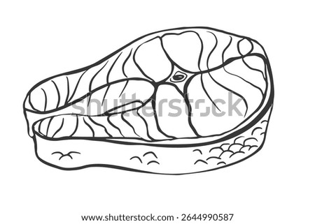 Black and white silhouette of a raw fish steak with scale and bone details; great for packaging, seafood menus, cooking blogs, icons, or culinary prints.