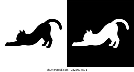 A black and white silhouette of a relaxed cat lying down, showcasing a calm and peaceful feline posture on a plain background.