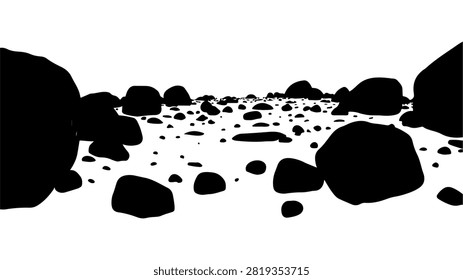 Black and white silhouette of a rocky riverbed featuring various sizes of boulders and stones, emphasizing natural landscape and outdoor scenery.