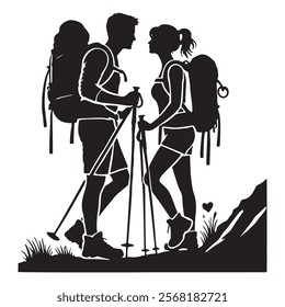 Black and white silhouette of a romantic couple hiking together. Active traveling.  Sports. Adventurous and loving outdoor activity vector illustration. Active recreation. Isolated on white background