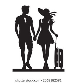 Black and white silhouette of a romantic traveling love couple. Man and woman holding hands. Isolated vector pair silhouette on white background. Travel theme illustration.