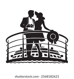 Black and white silhouette of a romantic traveling couple standing on the deck of a cruise ship. Isolated vector love pair silhouette on white background. Traveling family illustration.