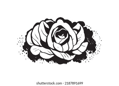Black and White Silhouette of Rose Flowers on White Background