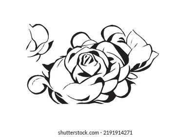Black and White Silhouette of Rose Flowers on White Background