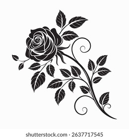 Black and white silhouette of a rose with leaves and swirls - Silhouette Rose