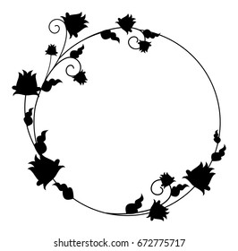 Black and white silhouette round floral frame. Vector clip art