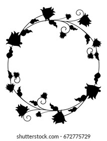 Black and white silhouette round floral frame. Vector clip art