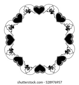 Black and white silhouette round frame with roses and flying heart. Valentine day background. Vector clip art.