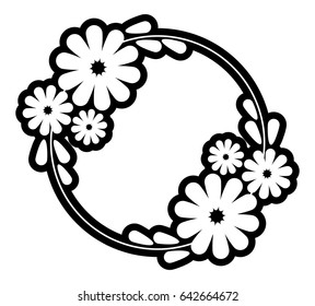Black and white silhouette round frame with decorative flowers. Vector clip art